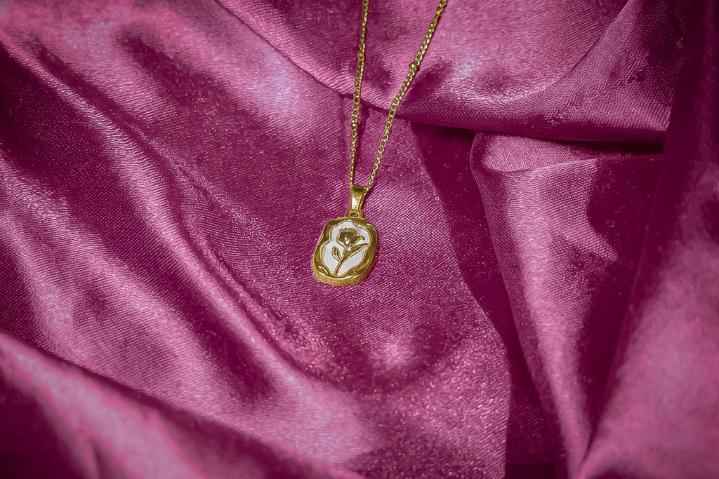 Golden Rose White Enamel Pendant Necklace