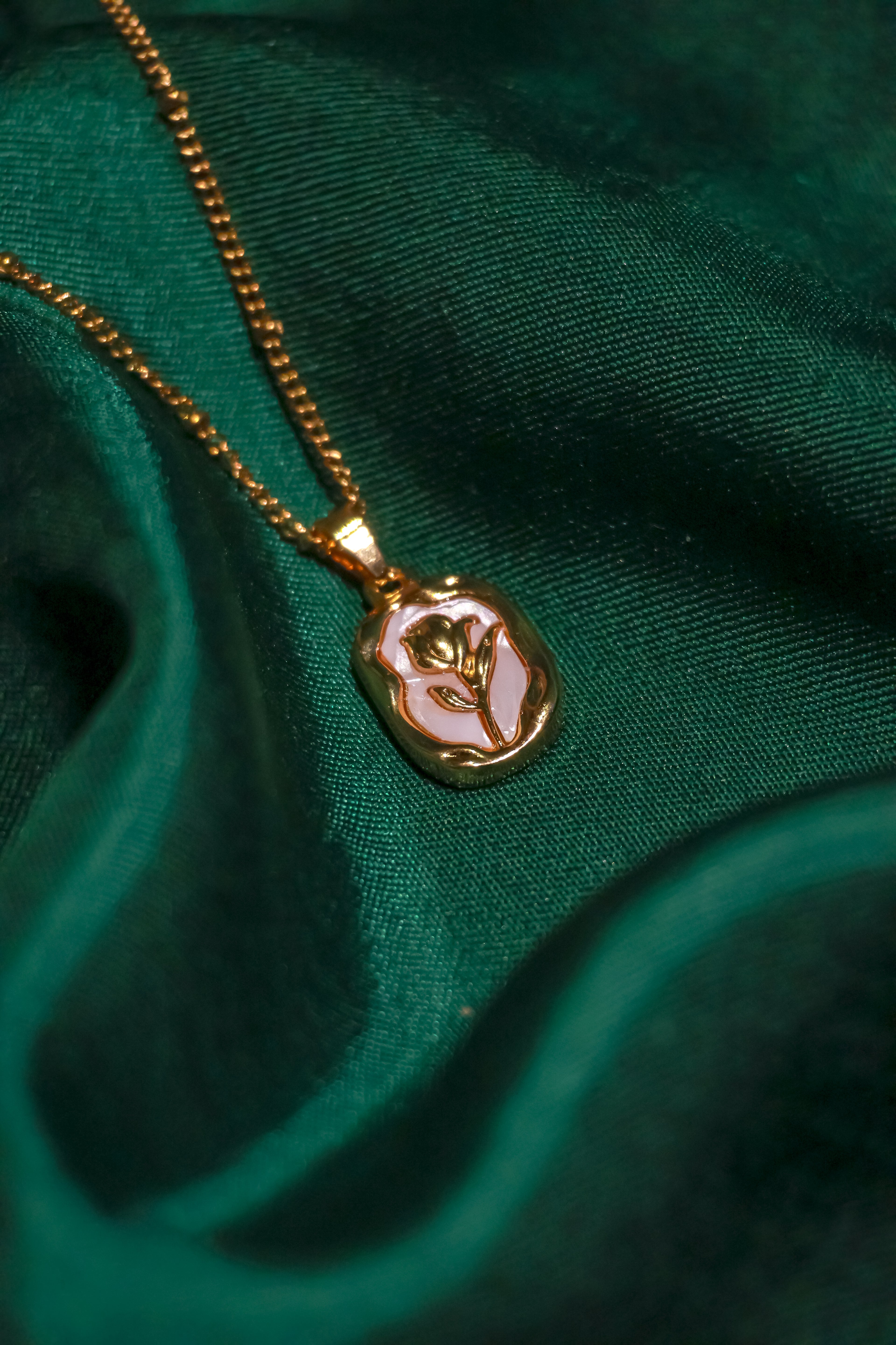 Golden Rose White Enamel Pendant Necklace