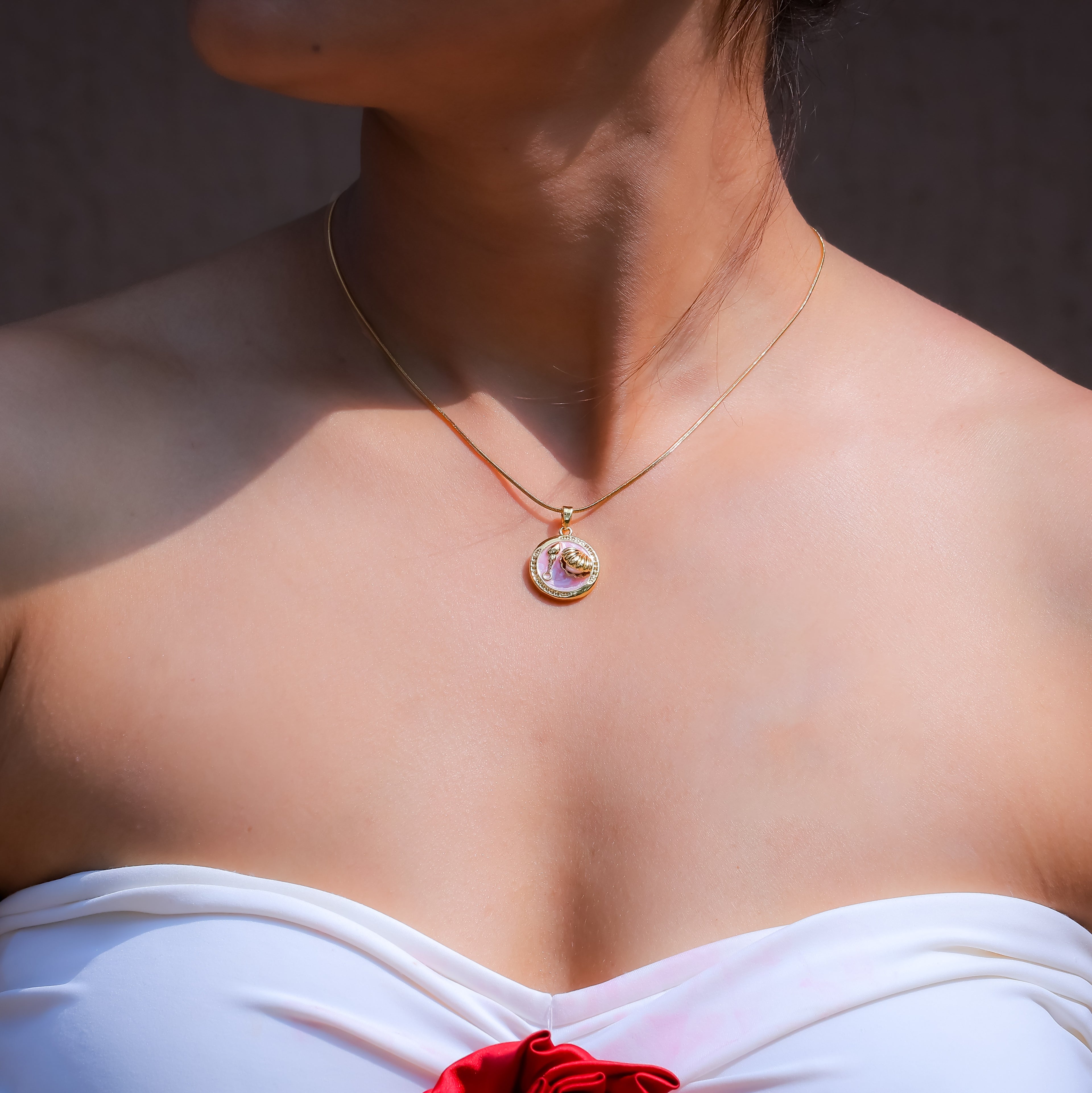 Mother of Pearl in Pink Enamel Pendant Necklace
