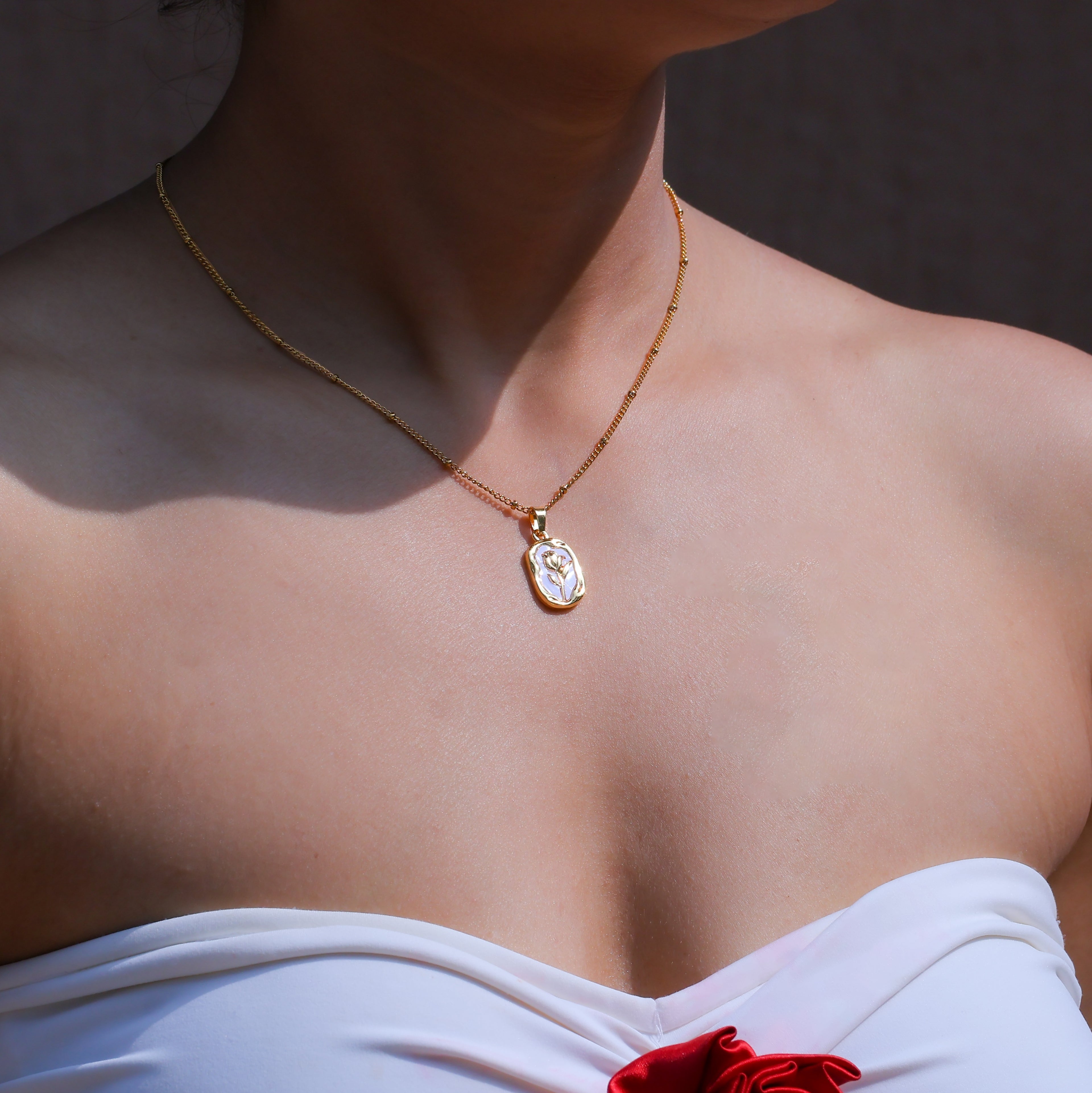 Golden Rose White Enamel Pendant Necklace